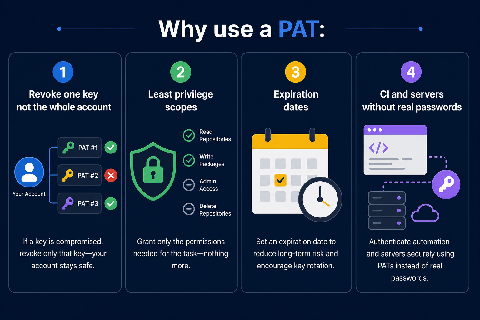 Why use a PAT: revoke one key, least privilege, expiration, CI without real passwords