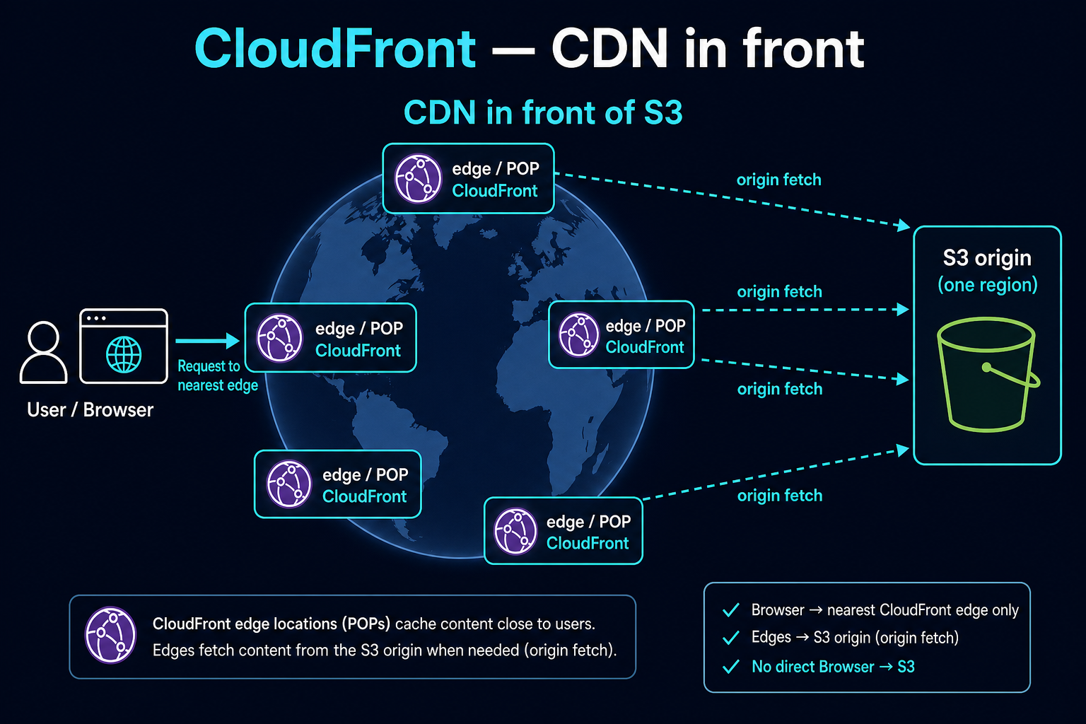 CloudFront edge POPs in front of a single S3 origin; browser hits a nearby edge first