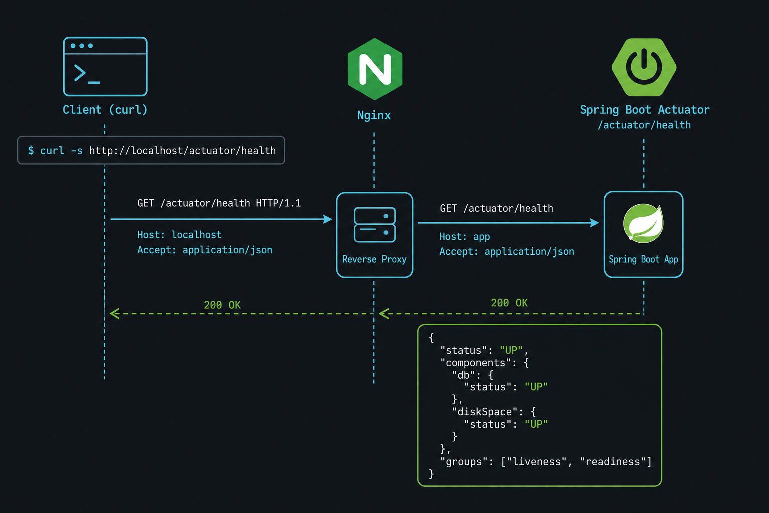 Smoke check curl through Nginx to Spring Boot actuator health
