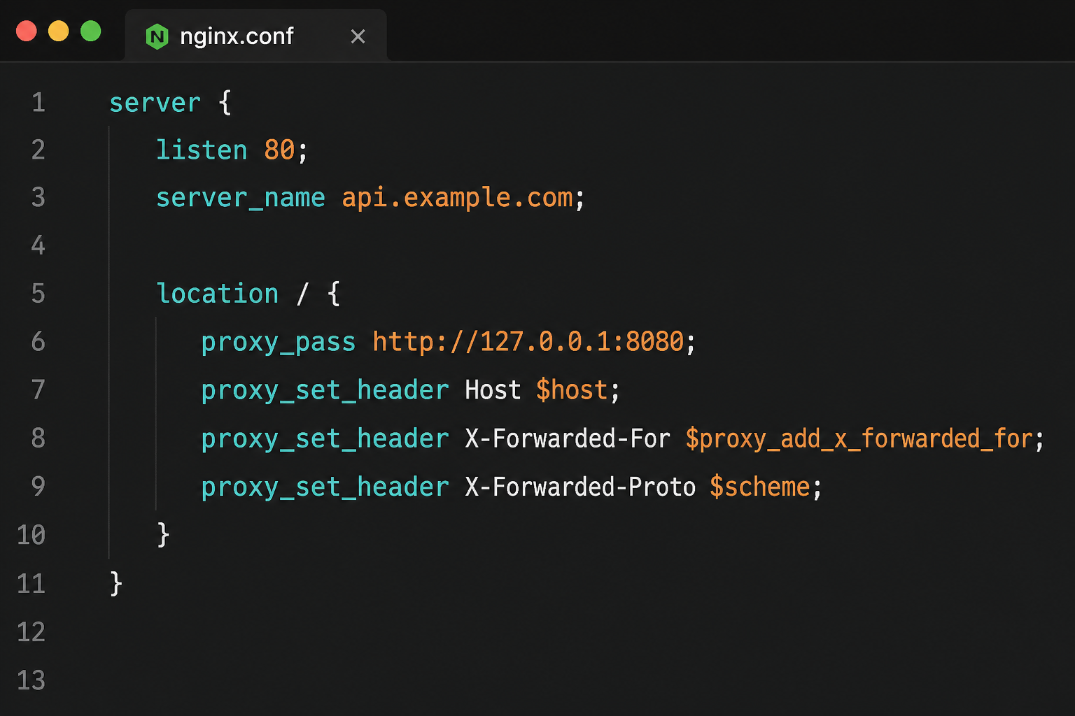 nginx.conf location block with proxy_pass and X-Forwarded headers