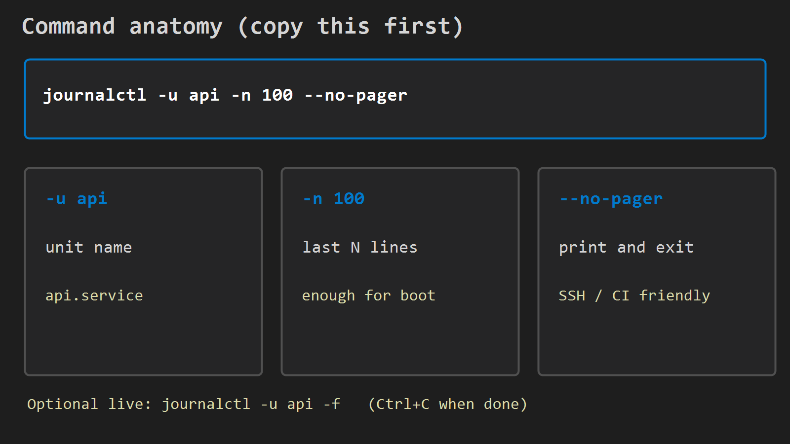 Command anatomy: journalctl -u api -n 100 --no-pager